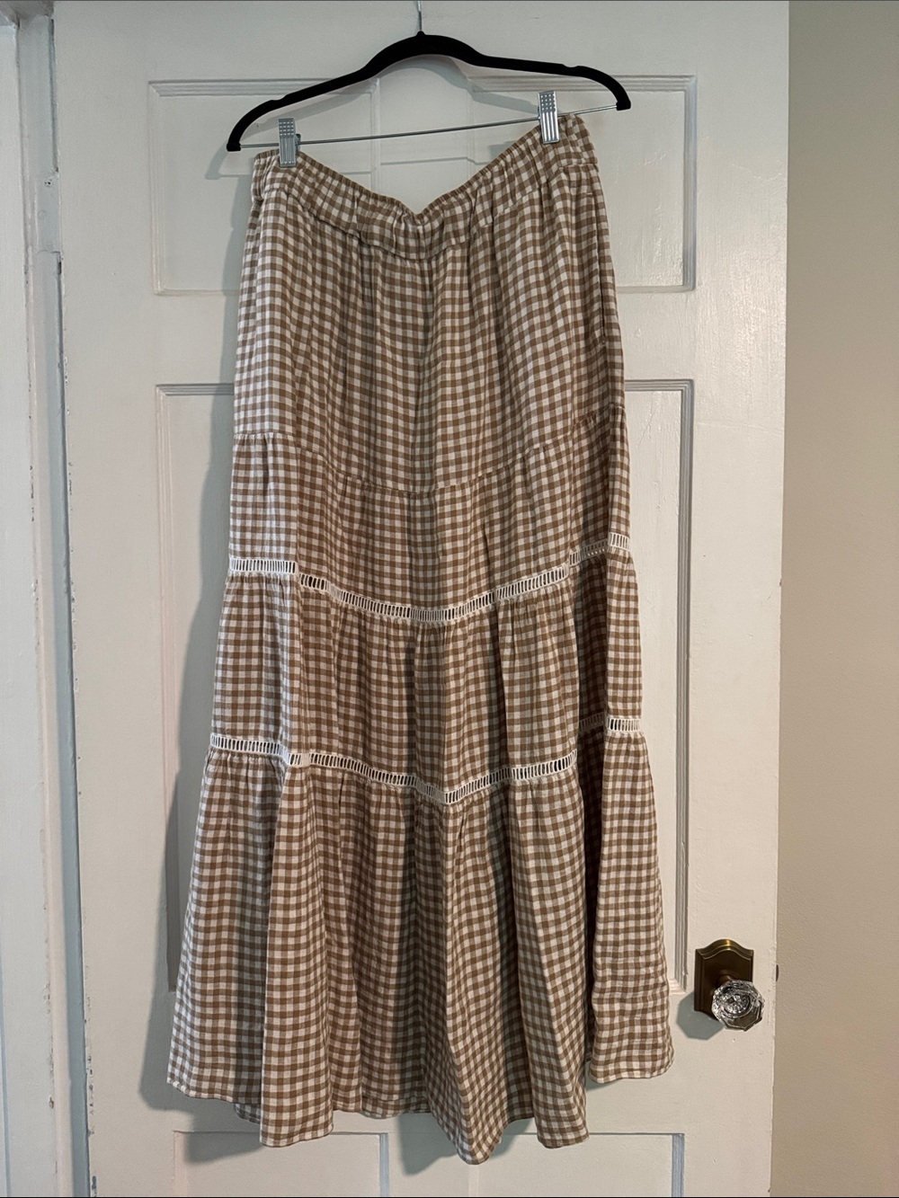 Gingham Tiered Maxi Skirt in Beige